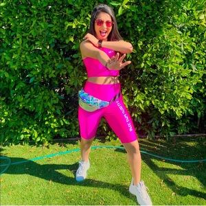 Hot pink “No limit” crop top/ biker shorts